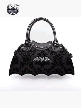 Bat Shaped Damask Handbag with Shoulder Strap, Vegan Leather, 16x6x9 Inches